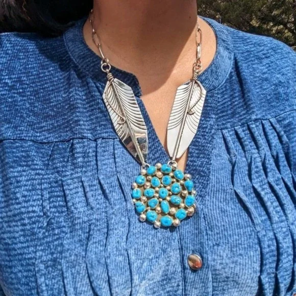 Native American Chain Necklace Handmade Cluster Turquoise 2 Large Leaves*** - Picture 6 of 11